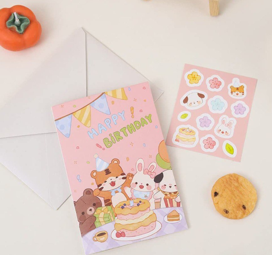 Kawaii Cartoon 3D Flowers Greeting Card