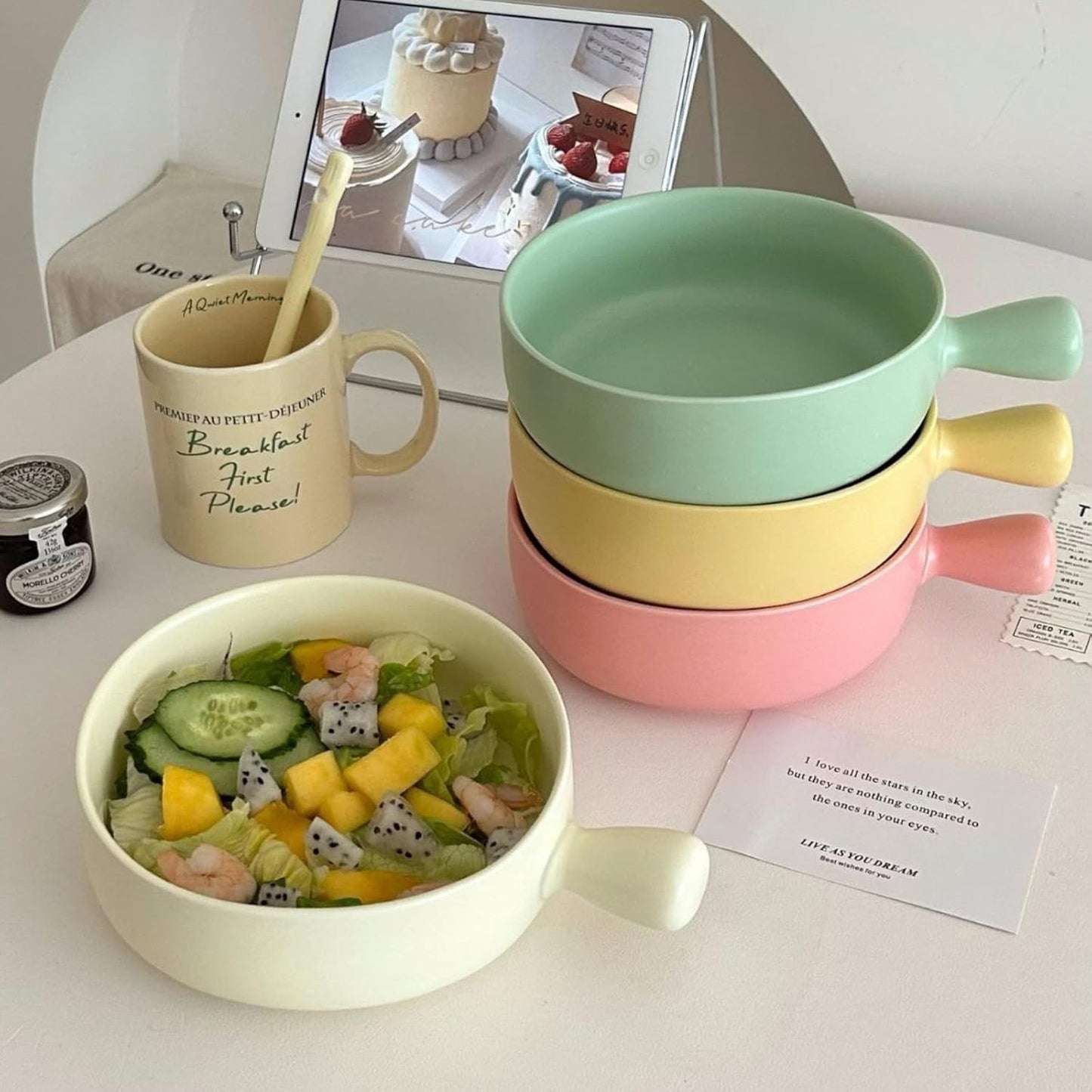 Morning Meadow Ceramic Bowl with Handle - Matte Finish
