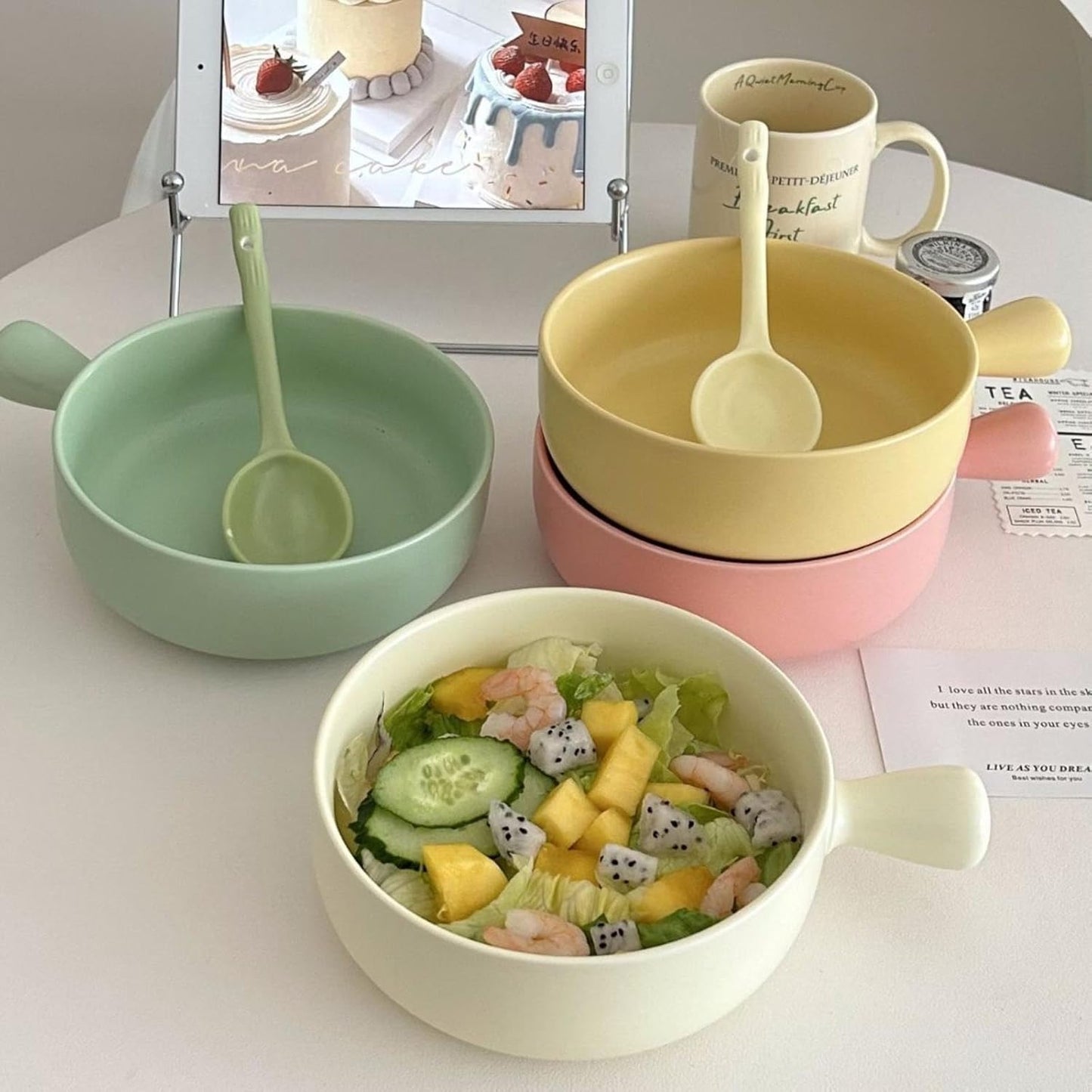 Morning Meadow Ceramic Bowl with Handle - Matte Finish