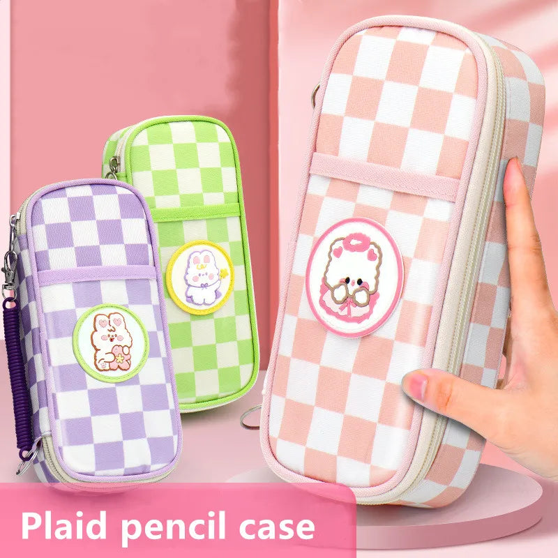 Large Capacity Canvas Checked Pencil Pouch