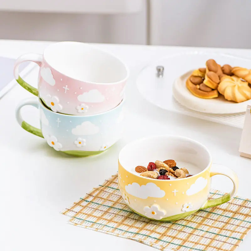 Hand-Painted Ceramic Breakfast Mug with Embossed Floral Cloud Design – Large Capacity for Milk & Oatmeal
