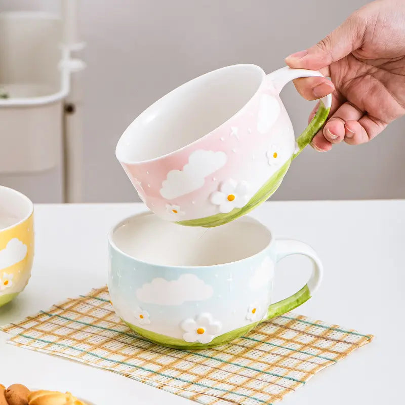 Hand-Painted Ceramic Breakfast Mug with Embossed Floral Cloud Design – Large Capacity for Milk & Oatmeal