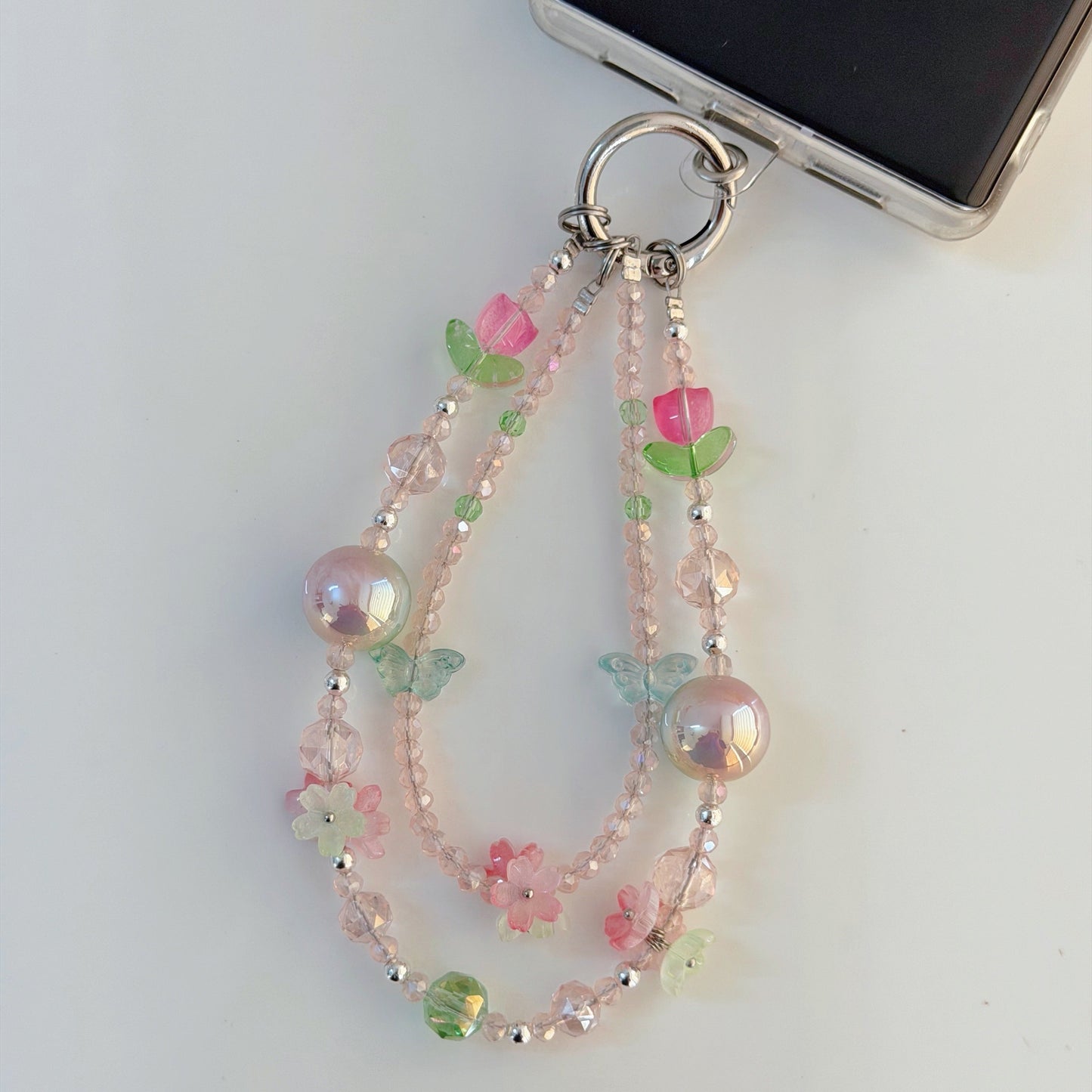 Double Layer Tulip Floral Beaded Pendant Phone Charm | Hanging Rope Phone Chain | Bag Charm