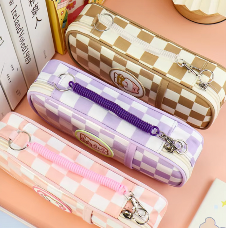 Large Capacity Canvas Checked Pencil Pouch