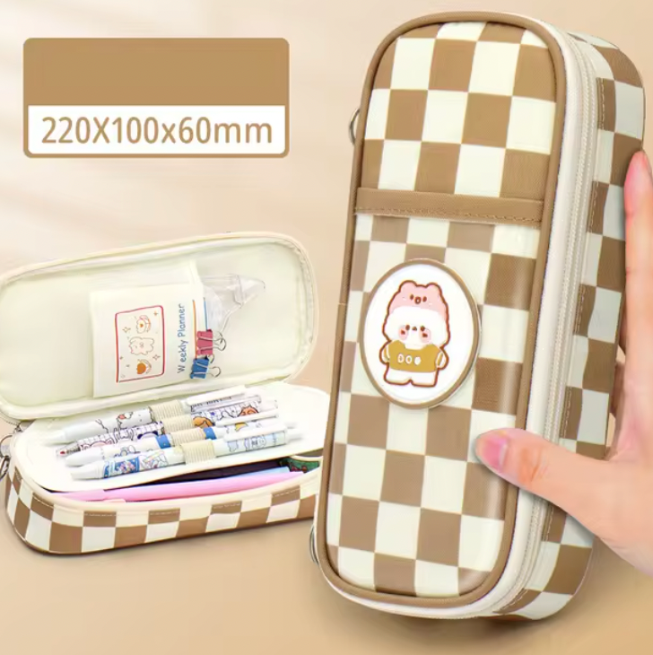 Large Capacity Canvas Checked Pencil Pouch