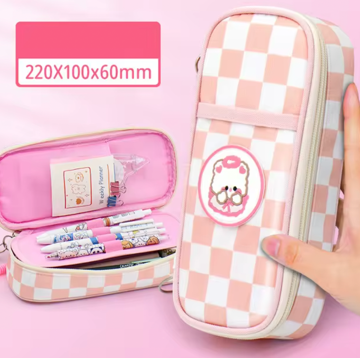 Large Capacity Canvas Checked Pencil Pouch