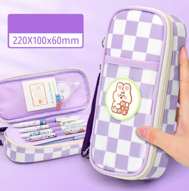 Large Capacity Canvas Checked Pencil Pouch