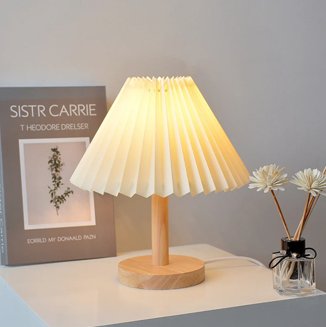 Pleated Lamp with Wood Base - Rechargeable