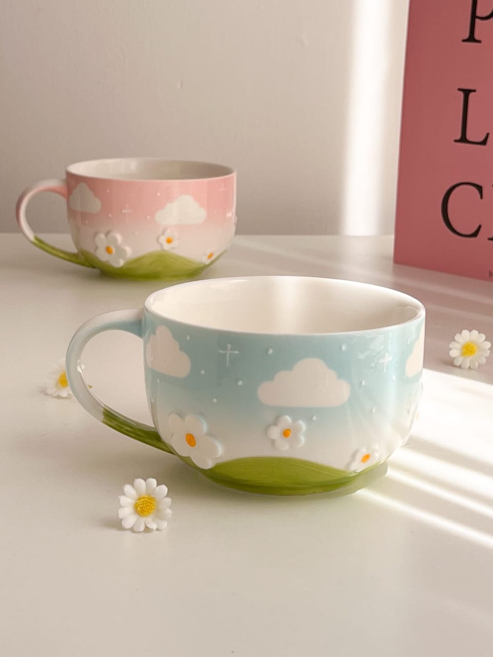 Hand-Painted Ceramic Breakfast Mug with Embossed Floral Cloud Design – Large Capacity for Milk & Oatmeal
