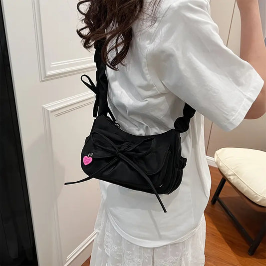Black Oxford Fabric Handbag  with Adjustable Bowknot Strap