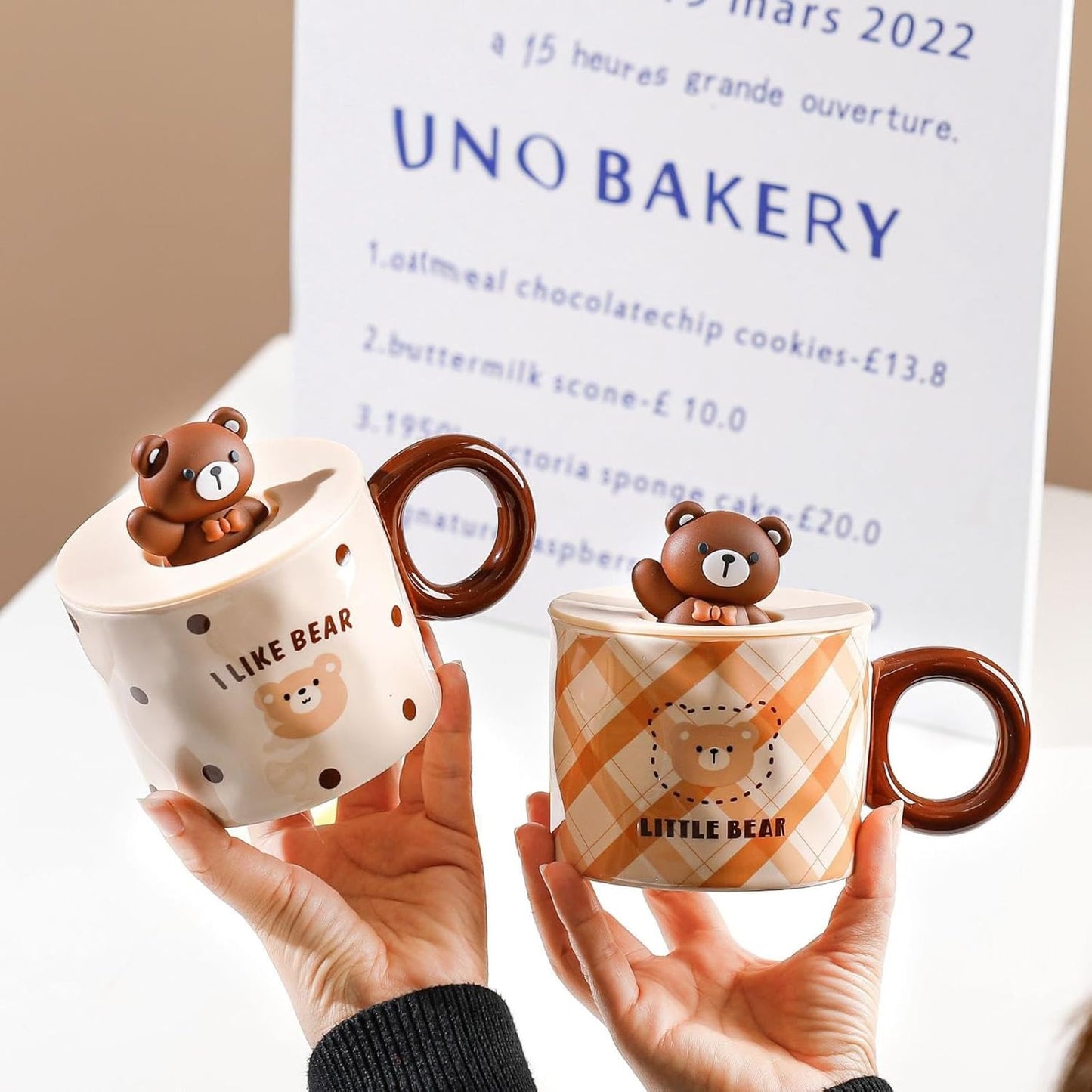 Korean Kawaii Bear Ceramic Oatmeal/Coffee Mug With Lid
