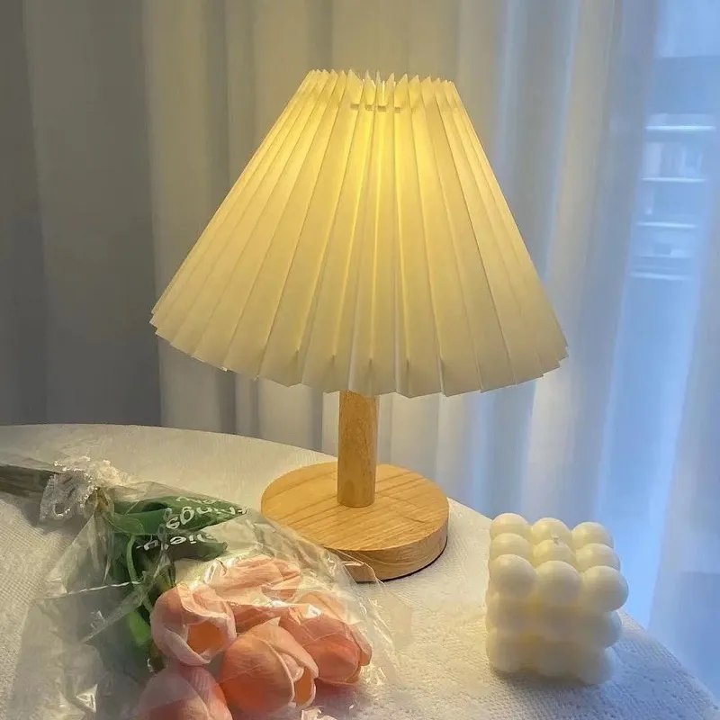 Pleated Lamp with Wood Base - Rechargeable