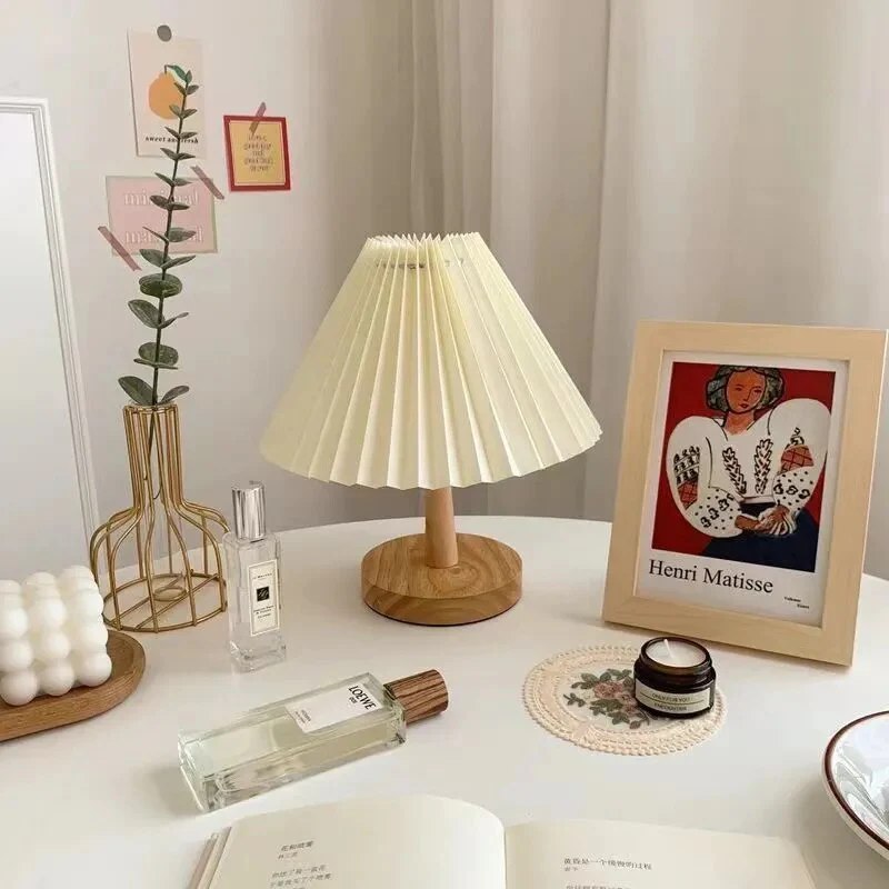 Pleated Lamp with Wood Base - Rechargeable