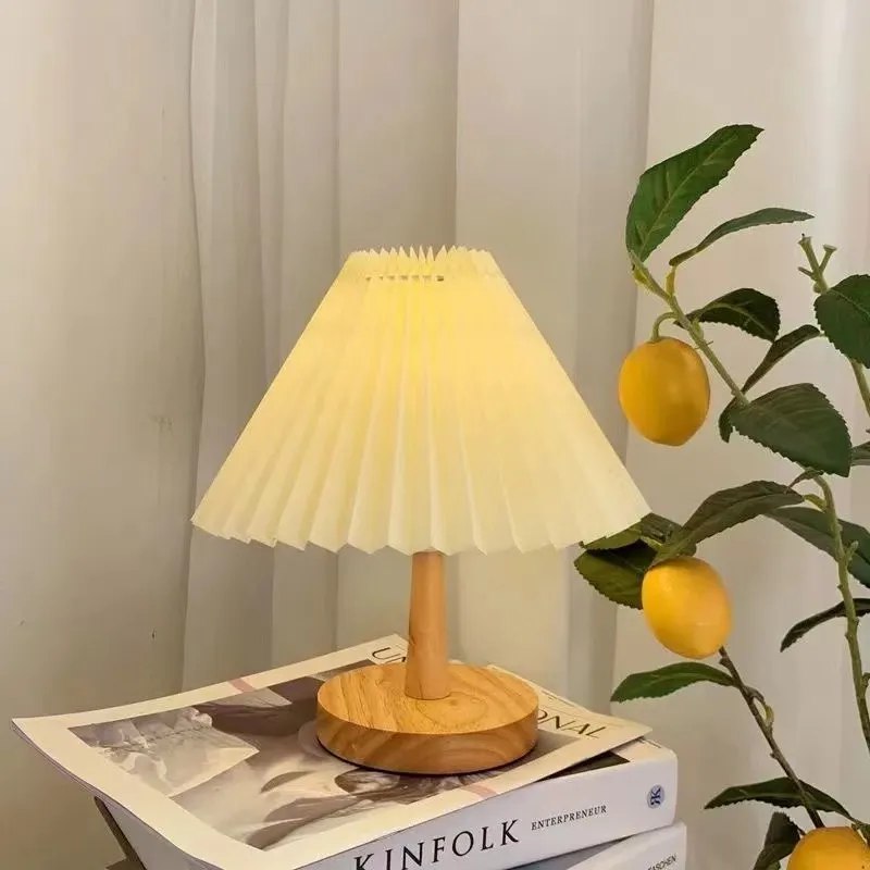 Pleated Lamp with Wood Base - Rechargeable