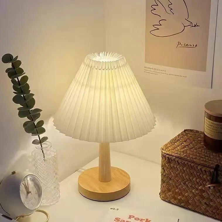 Pleated Lamp with Wood Base - Rechargeable