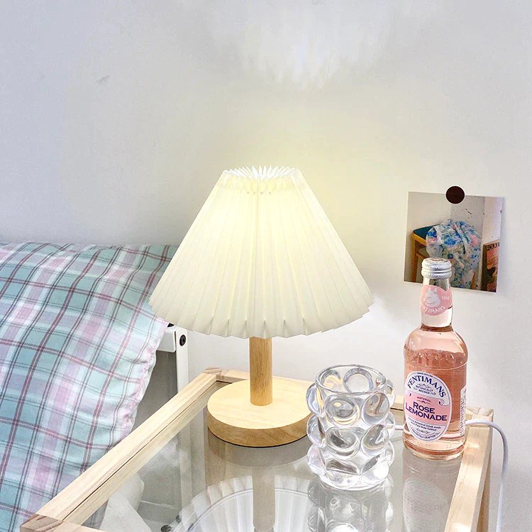 Pleated Lamp with Wood Base - Rechargeable