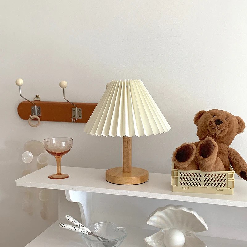Pleated Lamp with Wood Base - Rechargeable