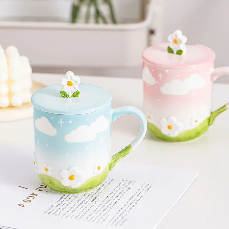 Flower embossed Ceramic Cup with Lid