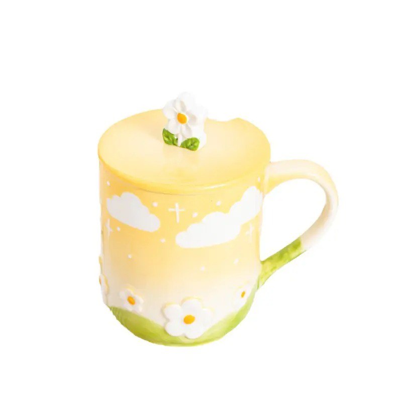 Flower embossed Ceramic Cup with Lid