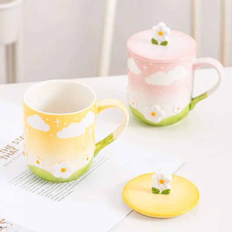 Flower embossed Ceramic Cup with Lid