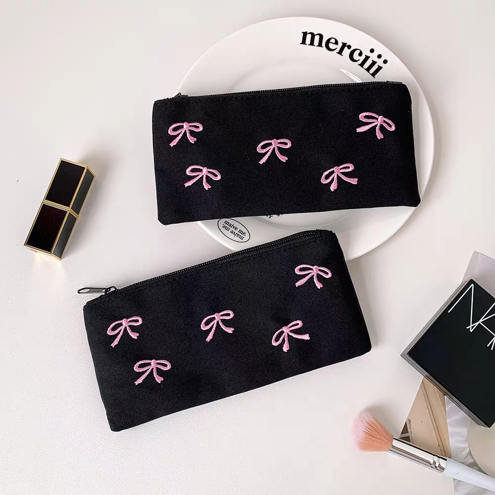 Coquette Bowknot Canvas Pouch with Bow Keycharm