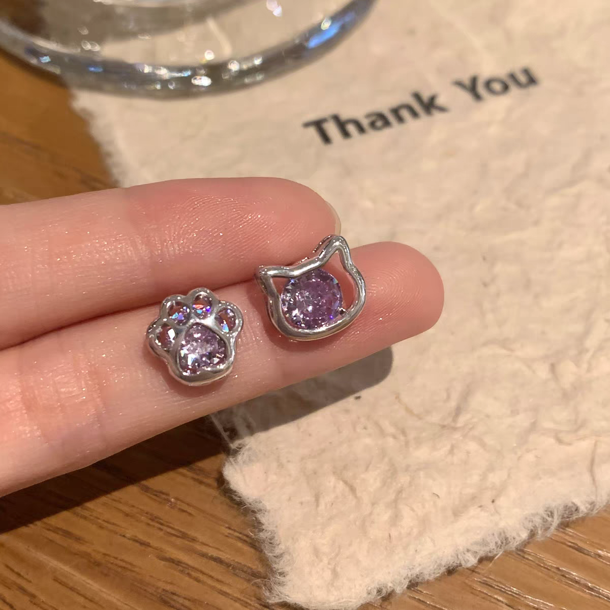 Kitty & Paw Rhinestone Tiny Minimalist Stud Earrings