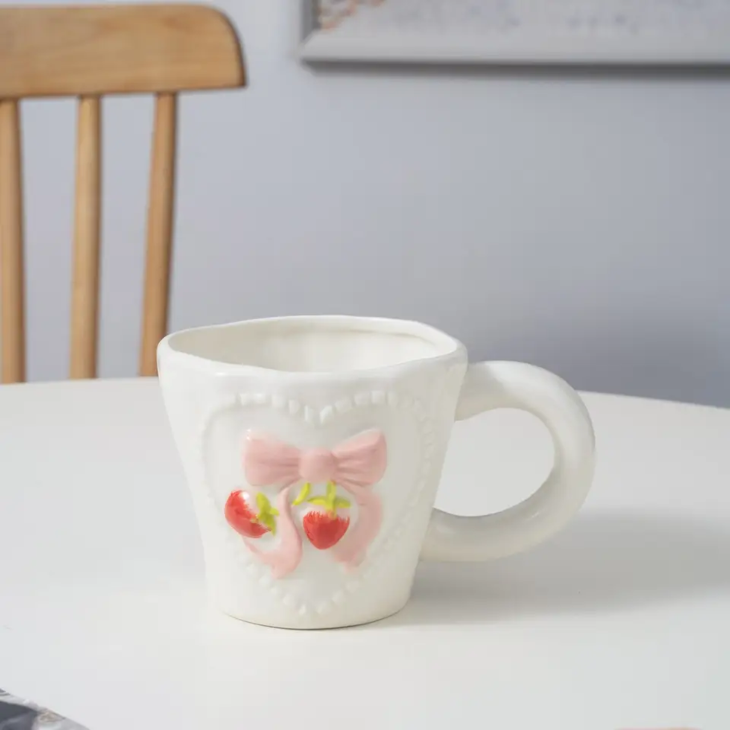 Beautiful Handmade Hand-painted Embossed Strawberry Ceramic Mug - Pink