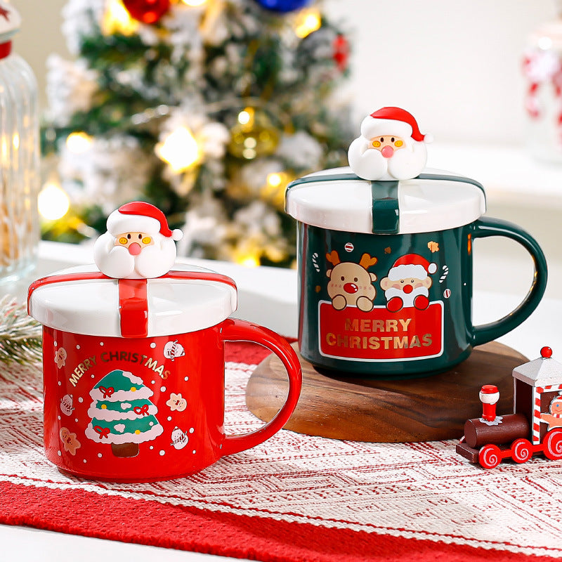 Ceramic Mug with Spoon and Lid- Christmas Gift - Red Santa