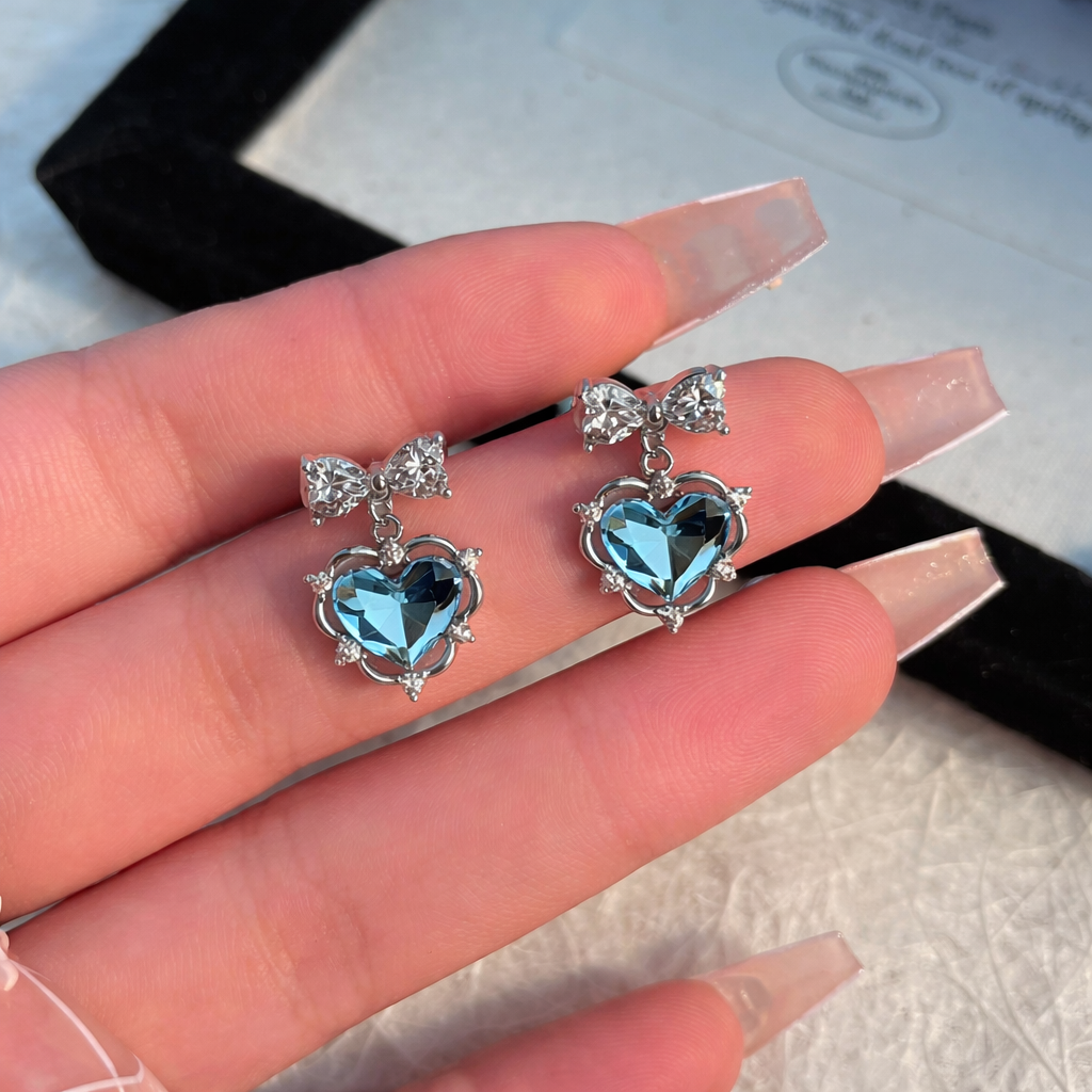Aquamarine Blue Rhinestone Heart Earrings