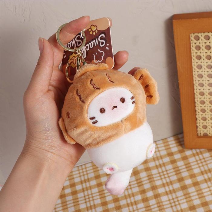 Kawaii Cat With Taiyaki Hat Plush Keychain