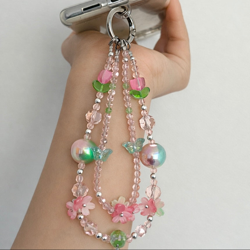 Double Layer Tulip Floral Beaded Pendant Phone Charm | Hanging Rope Phone Chain | Bag Charm