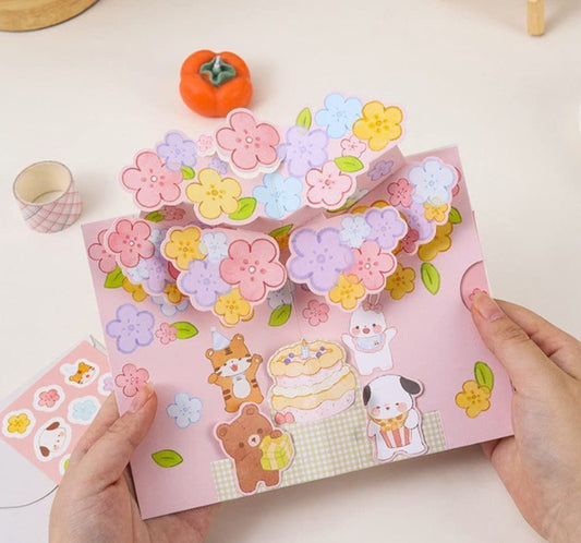 Kawaii Cartoon 3D  Flowers Greeting Card