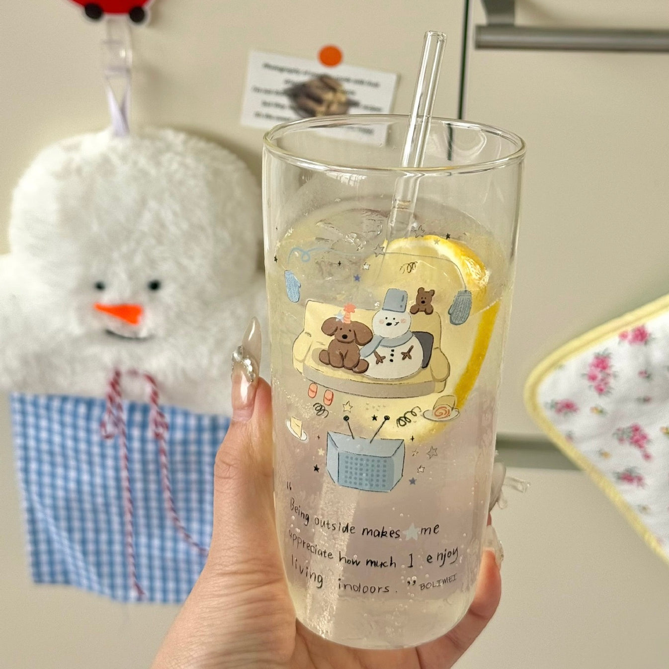 Winter Puppy & Snowman  Glass Cup – 400ML