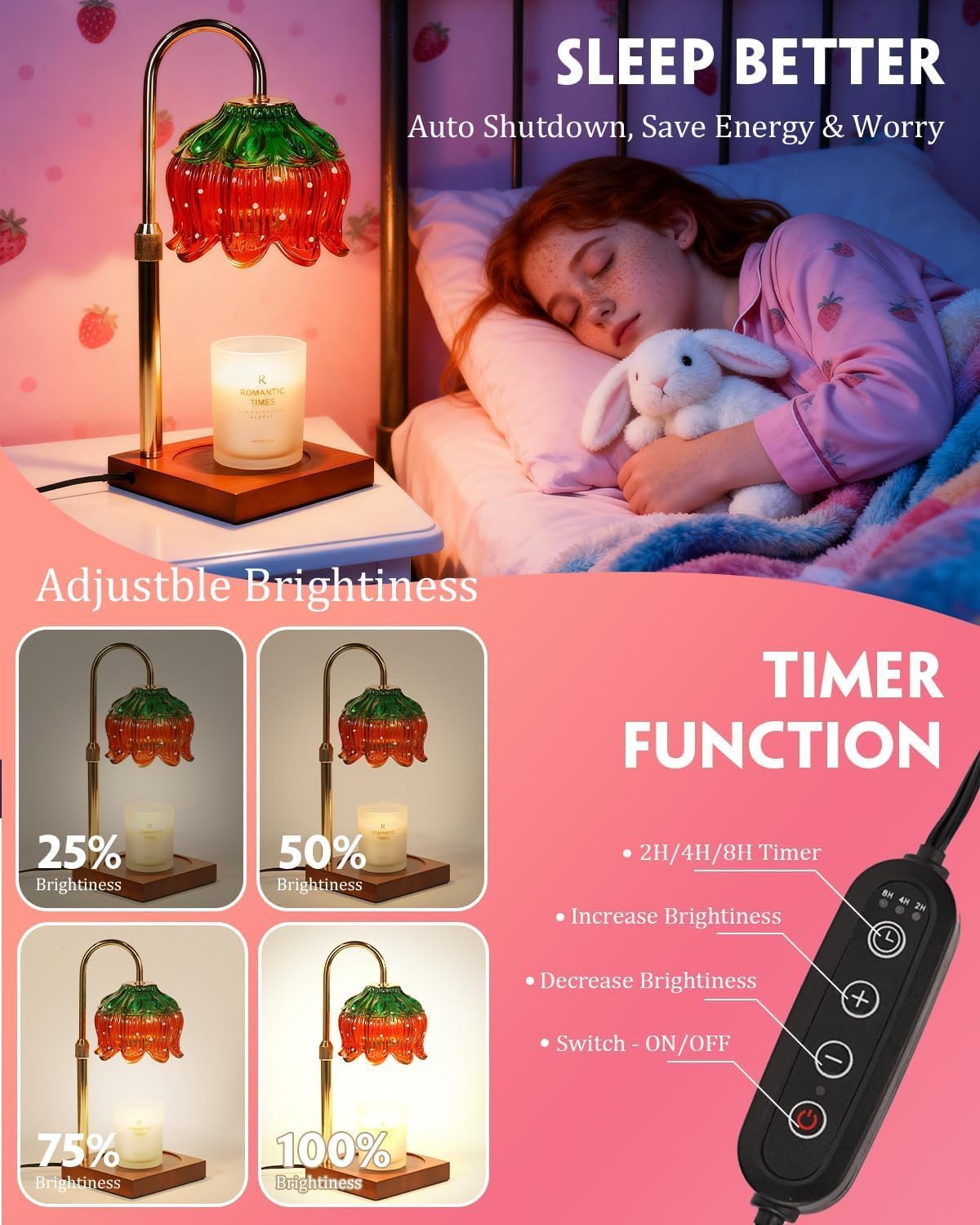 Strawberry Candle Warmer Lamp with Timer - Adjustable
