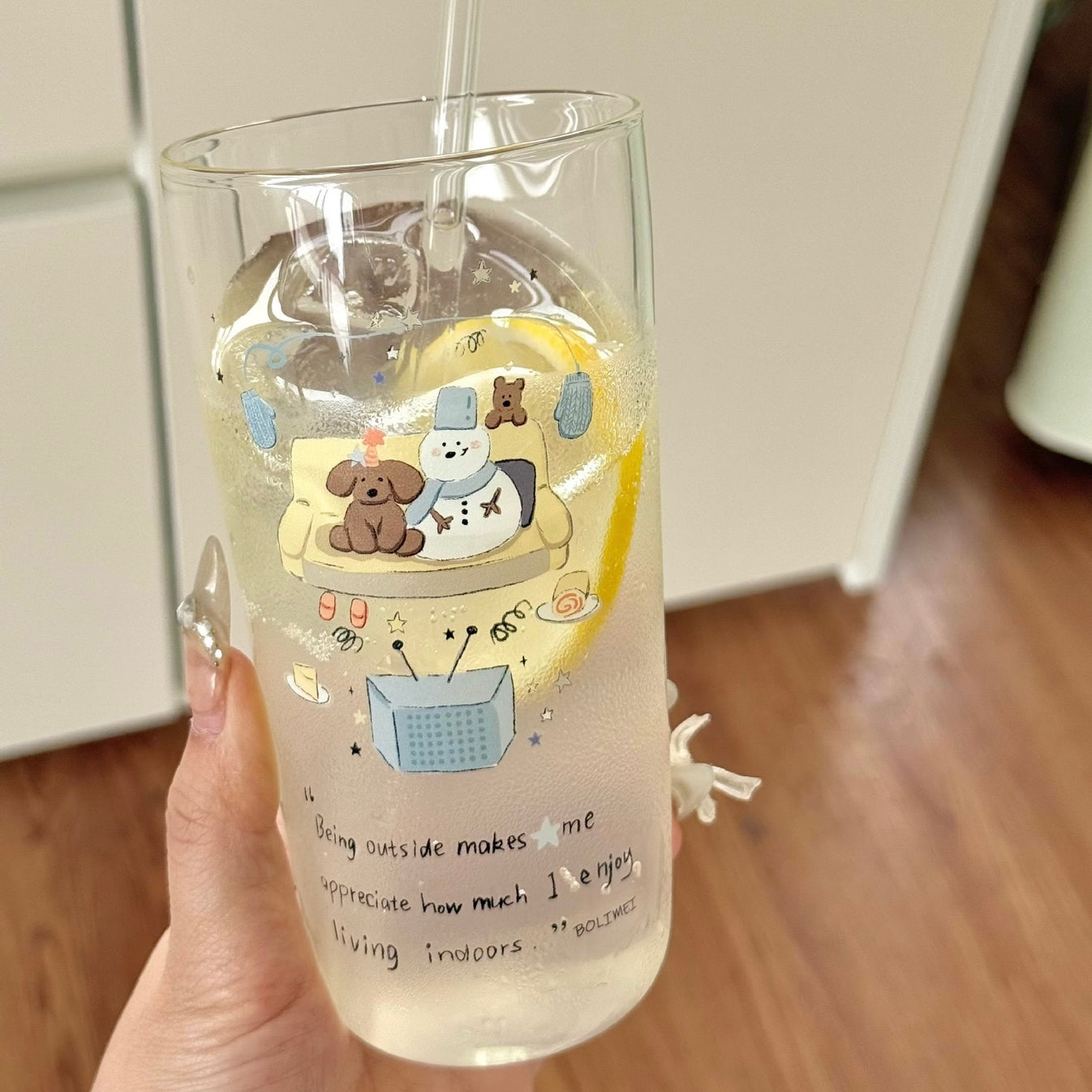 Winter Puppy & Snowman  Glass Cup – 400ML