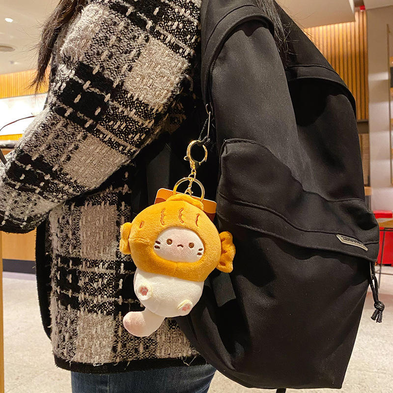 Kawaii Cat With Taiyaki Hat Plush Keychain
