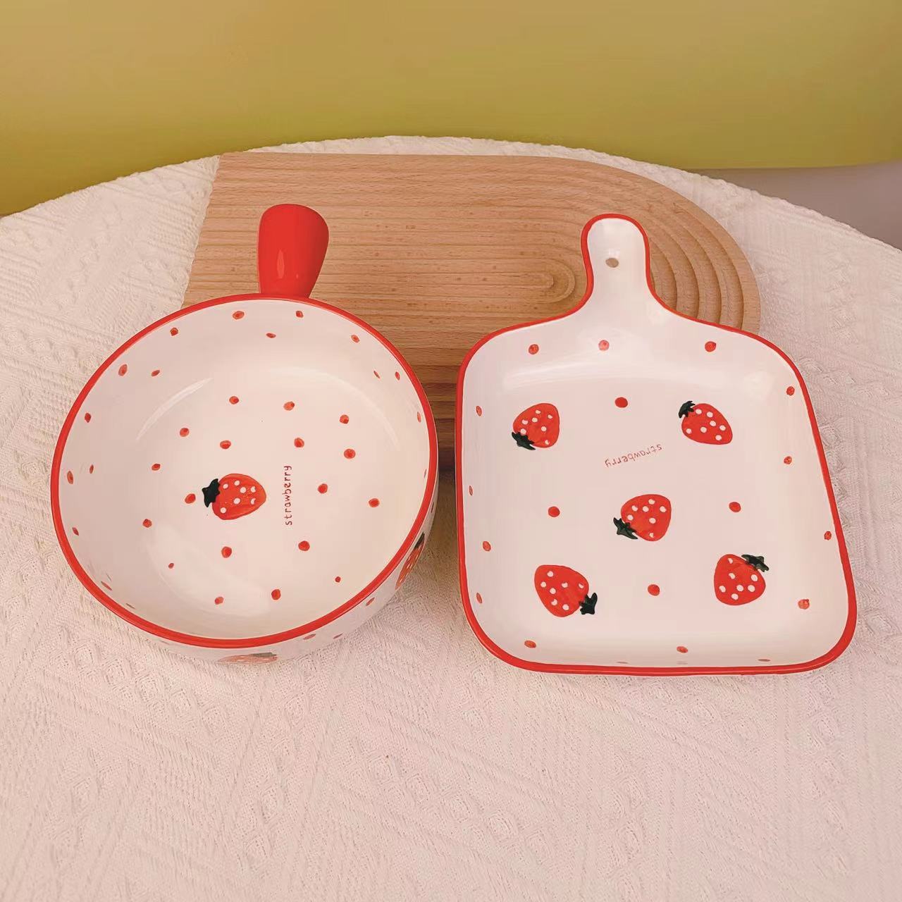 Hand-Painted Strawberry Ceramic Handle Bowl and Handle Plate