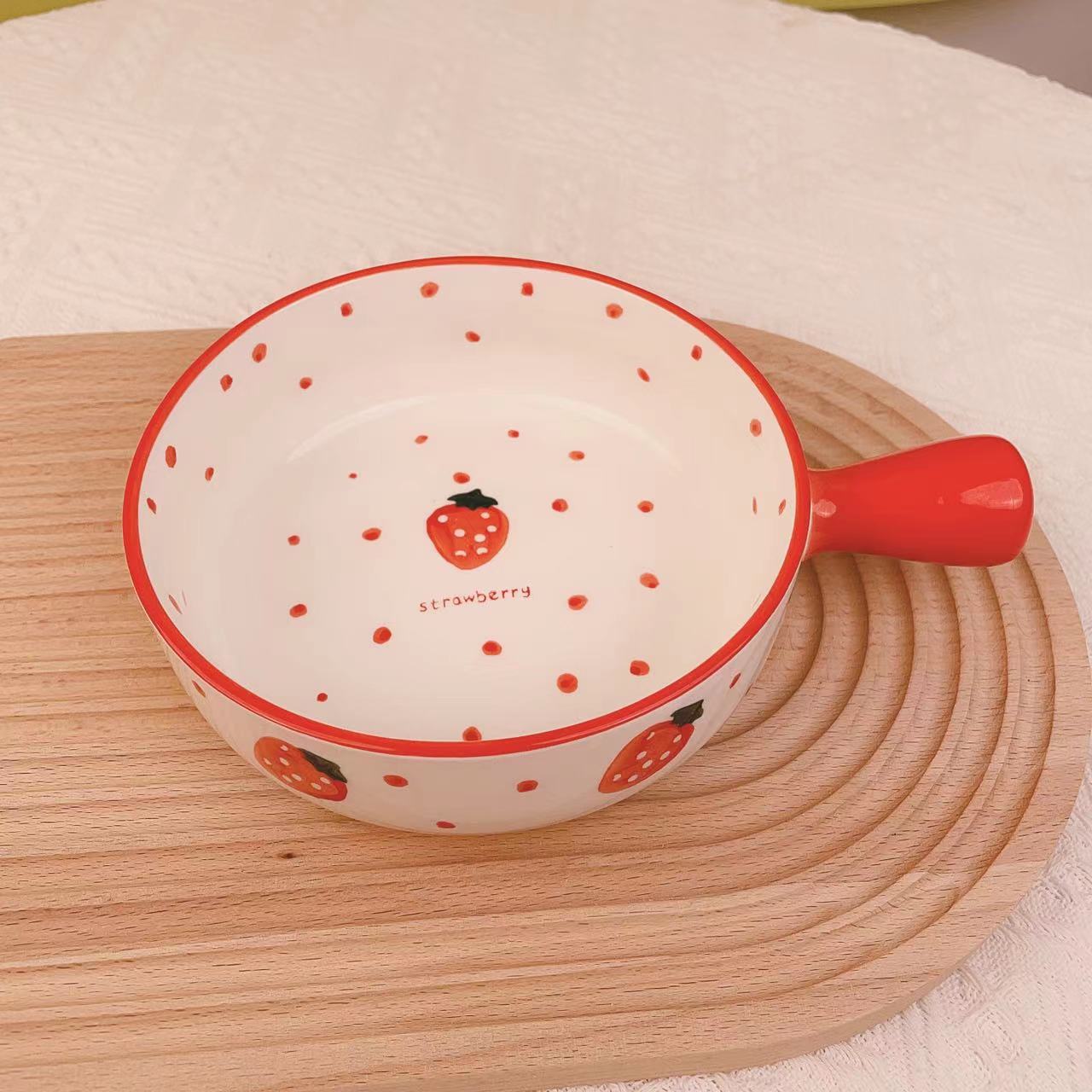 Hand-Painted Strawberry Ceramic Handle Bowl and Handle Plate