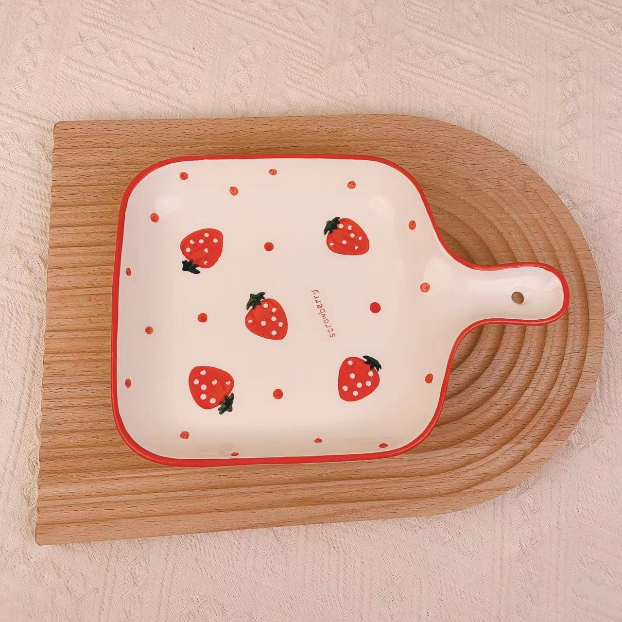 Hand-Painted Strawberry Ceramic Handle Bowl and Handle Plate