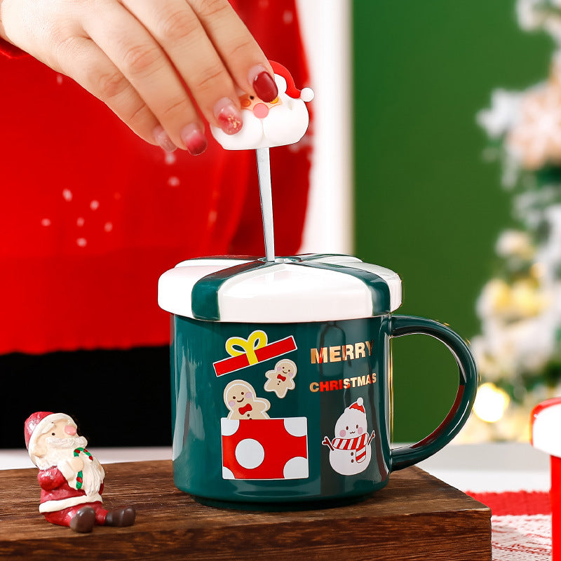 Ceramic Mug with Spoon and Lid- Christmas Gift - Red Santa