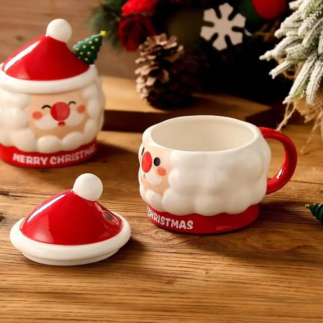 Santa Claus Embossed  Coffee Cup with Lid and Spoon