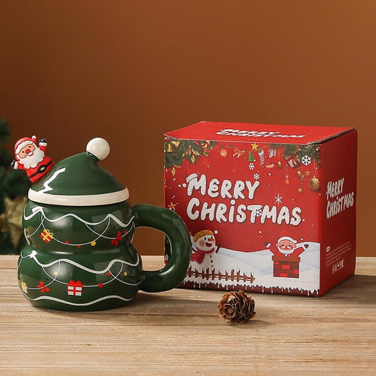 Christmas Tree Ceramic Cup With Lid Spoon