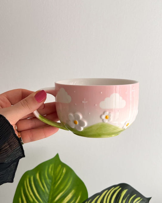 Hand-Painted Ceramic Breakfast Mug with Embossed Floral Cloud Design – Large Capacity for Milk & Oatmeal