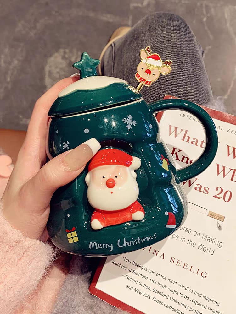 Christmas Tree Santa Claus Ceramic Mug with Lid - Green