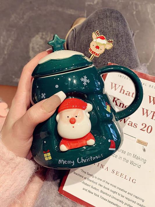 Christmas Tree Santa Claus Ceramic Mug with Lid - Green