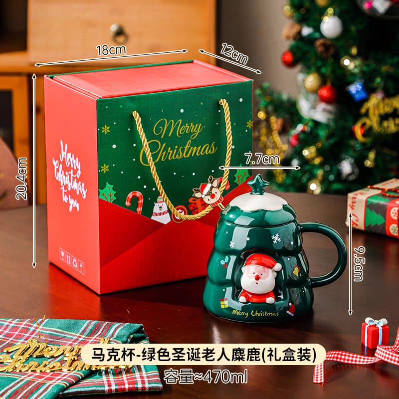 Christmas Tree Santa Claus Ceramic Mug with Lid - Green