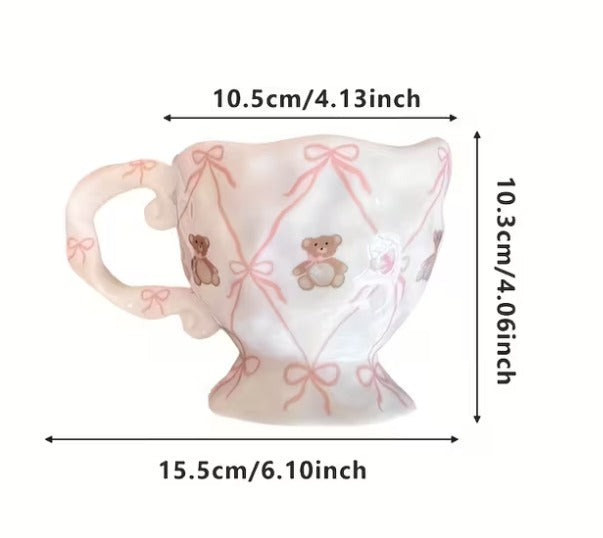 Handmade Pink Bow Teddy Irregular Ceramic Mug