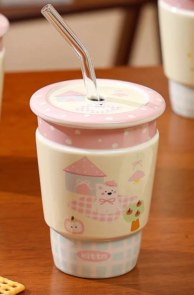 Puppy Homebody Ceramic Latte Tumbler - with Lid & Straw