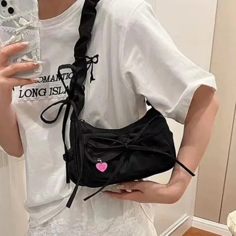 Black Oxford Fabric Handbag  with Adjustable Bowknot Strap