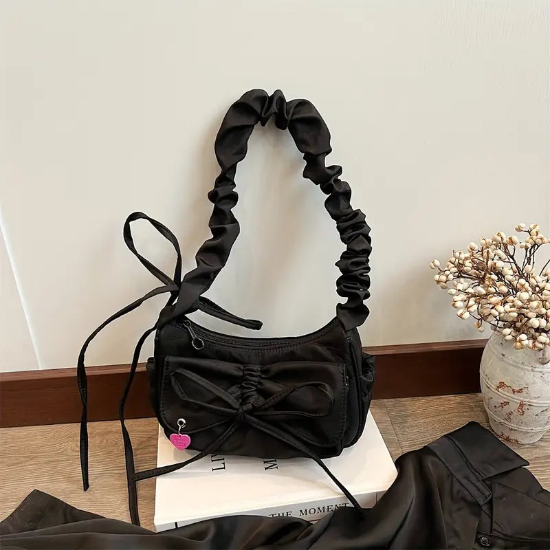 Black Oxford Fabric Handbag  with Adjustable Bowknot Strap